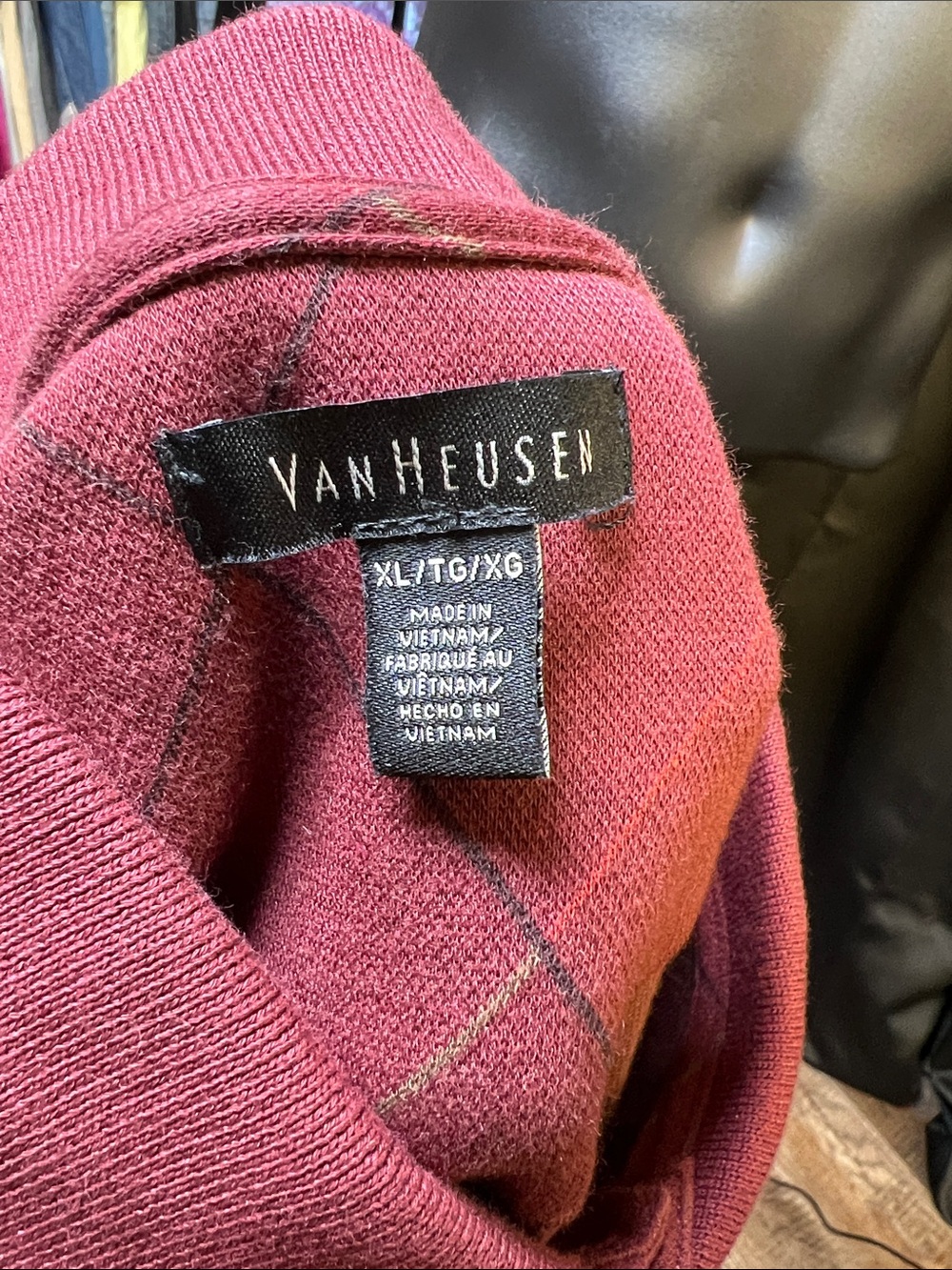Van Heusen Maroon Long-Sleeve Polo with Subtle Argyle Lines - Picture 5 of 7